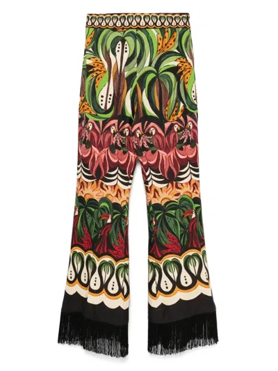Farm Rio Coconut Tree Flow Printed Fringed Linen-blend Wide-leg Pants In Green