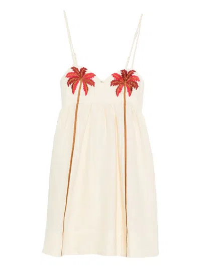 Farm Rio Off-white Coconut Tree Embroidered Euroflax Premium Linen Mini Dress