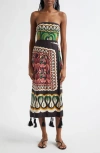 Farm Rio Coconut Tree Mixed Scarf Print Strapless Linen Blend Dress In Beige Multi