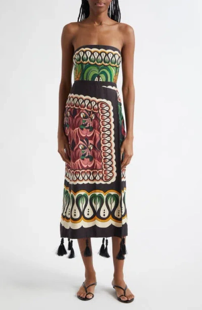 Farm Rio Coconut Tree Mixed Scarf Print Strapless Linen Blend Dress In Beige Multi