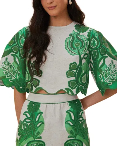 Farm Rio Color Festival Green Linen Blouse In Multi
