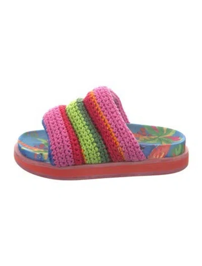 Pre-owned Farm Rio Colorblock Pattern Crochet Trim Slides In Pink