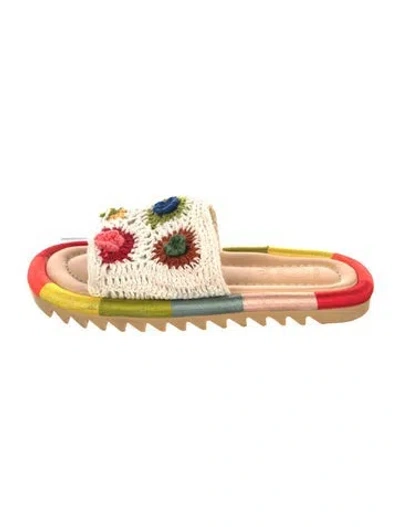 Pre-owned Farm Rio Colorblock Pattern Crochet Trim Slides In White