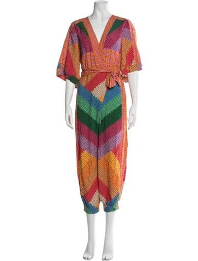 Pre-owned Farm Rio Colorblock Pattern V-neck Jumpsuit In Pink