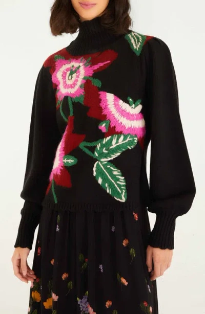Farm Rio Colorful Flower Turtleneck Sweater In Multi