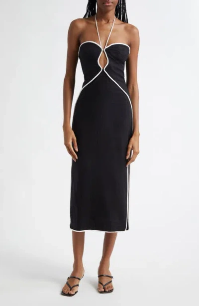 Farm Rio Contrast Detail Center Cutout Linen Blend Midi Dress In Black And White