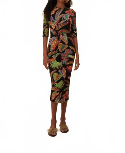 Farm Rio Cool Foliage Jersey Half Sleeve Midi Dress In Black/multi In Animal Print