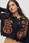 Farm Rio Cornely Ainika Embroidered Scalloped Cardigan In Black