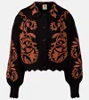Farm Rio Cornely Ainika Embroidered Scalloped Cardigan In Black