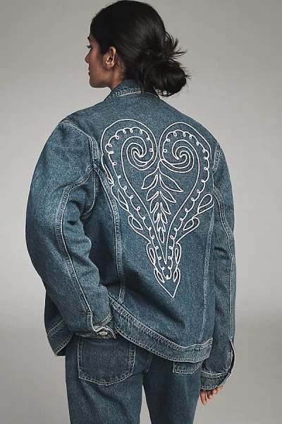 Farm Rio Cornely Embroidered Denim Trucker Jacket In Blue