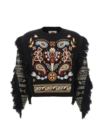 Farm Rio Cornely Embroidered Fringed Sweater In Black