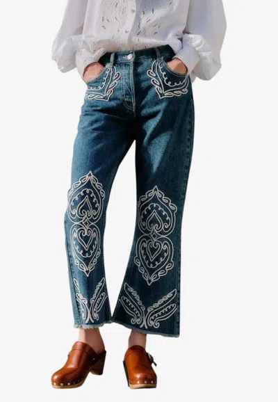 Farm Rio Cornely Embroidered Pants In Blue