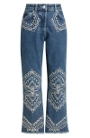 Farm Rio Cornely Embroidered Raw Hem Crop Jeans In Blue