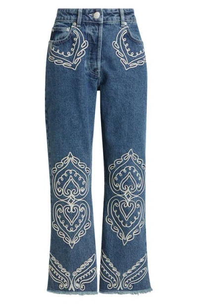 Farm Rio Cornely Embroidered Raw Hem Crop Jeans In Blue
