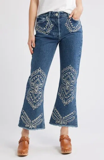 Farm Rio Cornely Embroidered Raw Hem Crop Jeans In Blue