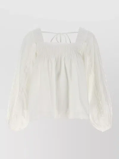 Farm Rio Cotton Blouse Square Neckline Ruffle Long Sleeves In White