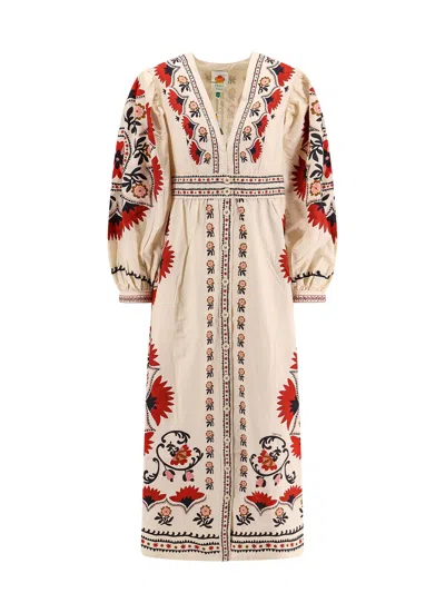 Farm Rio Cotton Dress With Multicolor Print In Cashew Mandala Cream