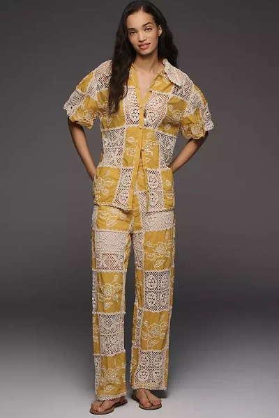 Farm Rio Cotton Lace Pants In Yellow