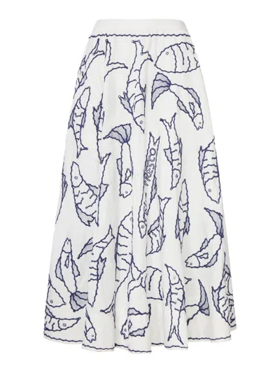 Farm Rio Cotton Midi Skirt With Marine Embroidery In White