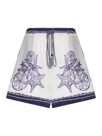 Farm Rio Cotton Shorts With Blue Navy Print In White