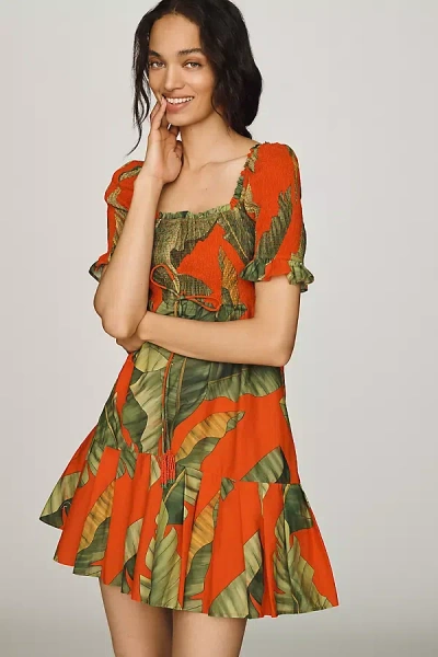 Farm Rio Cotton Smocked Mini Dress In Orange