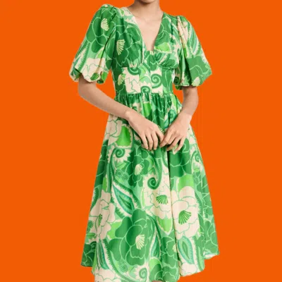 Pre-owned Farm Rio Cotton/viscose Tropical Groove Bustier Midi Dress W/ Puff Sleeves L In Green