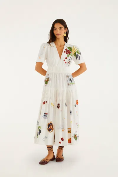 Farm Rio Country Table Winter Short Sleeve Midi Dress In Country Table Winter White