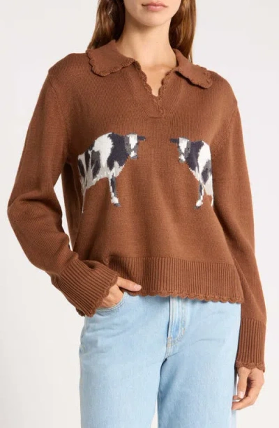 Farm Rio Countryside Cow Split Neck Sweater In Brown