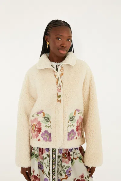 Farm Rio Cream Rococo Flowers Bomber Fleece Jacket In Neutral
