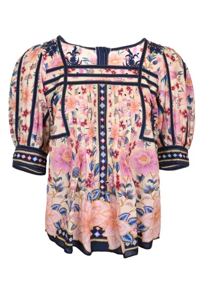 Farm Rio Cream Superbloom Tapestry Puff Sleeve Blouse In Multi