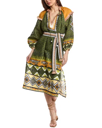 Farm Rio Creation Linen Midi Dress In Green