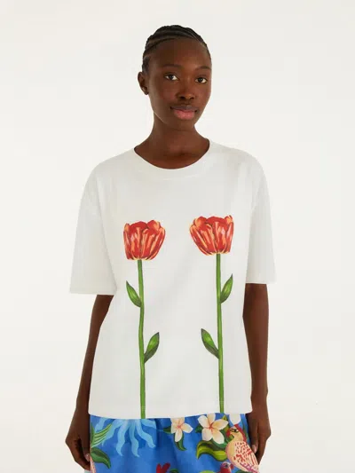 Farm Rio Crewneck T-shirt With Front Print, 100% Cotton In Bianco