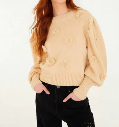 Farm Rio Crochet 3d Flower Dropped Shoulder Knit Sweater In Sand In Neutral