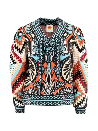 Farm Rio Crochet-construction V-neck Sweater In Multi