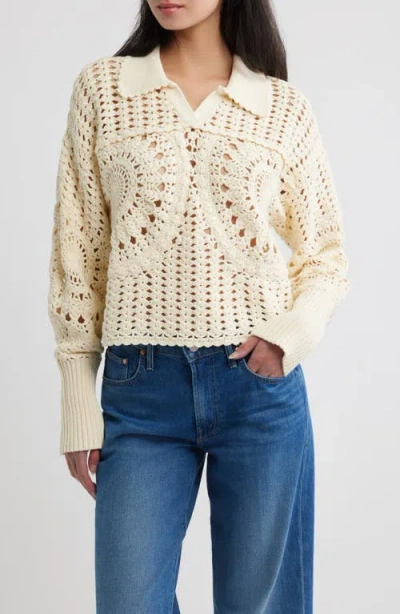 Farm Rio Crochet Cotton Johnny Collar Polo Sweater In Multi