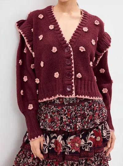 Farm Rio Burgundy Crochet Flowers Knit Cardigan Burgundy In White