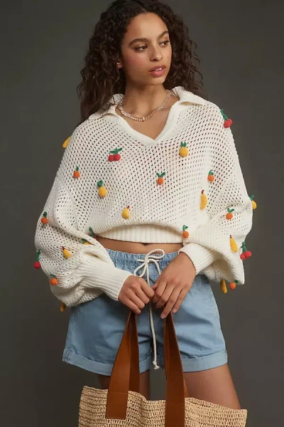 Farm Rio Open Stitch Crochet Fruit Johnny Collar Cotton Sweater In Off-white