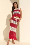 Farm Rio Red Stripes Crochet Cotton Cover-up Maxi Skirt In Red
