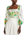 Farm Rio Papaya Salad Eyelet Puff Sleeve Cotton Crop Top In Papaya