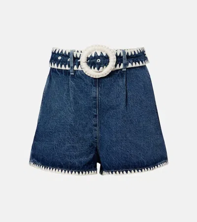 Farm Rio Crochet-trimmed Denim Shorts In Blue