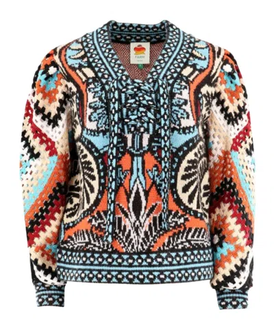 Farm Rio Crochet-construction V-neck Sweater In Multi