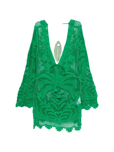 Farm Rio Crochet-knit Tassel-detail Mini Dress In Green