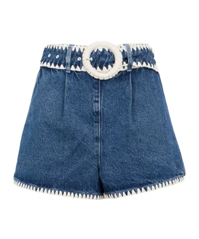 Farm Rio Crochet-trim Belted Denim Shorts In Blue