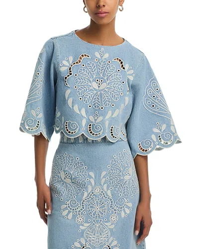Farm Rio Cropped Denim Embroidered Top In Blue