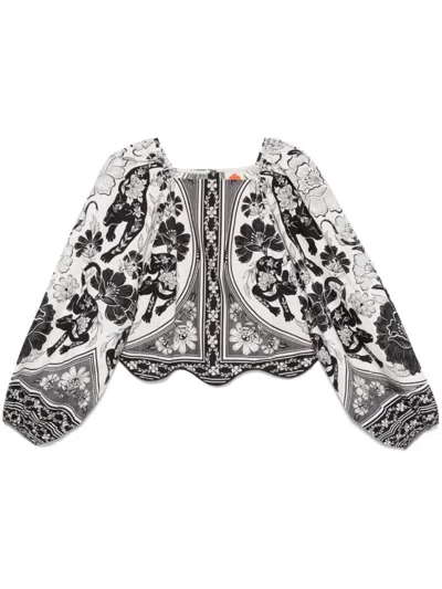 Farm Rio 'flower Leopard' Black And White Blouse With Boat Neckline And All-over Floral Print In Multicolor