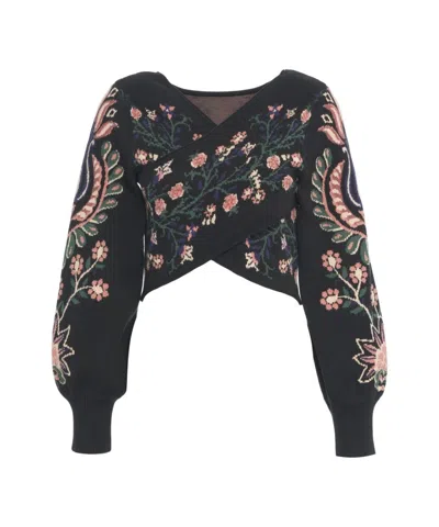 Farm Rio Cropped Knit Top With Floral Motifs And Puffed Sleeves In Black