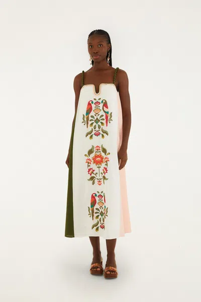 Farm Rio Cross Stich Embroidery Maxi Dress Sleeveless In White