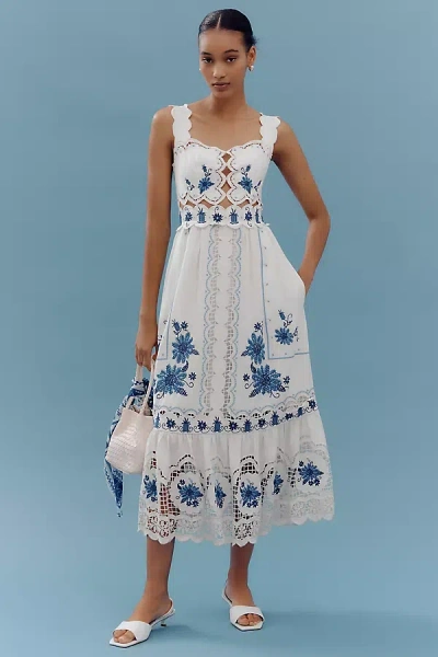 Farm Rio Cross Stitch Richeliue Sunflower Midi Dress Off-white