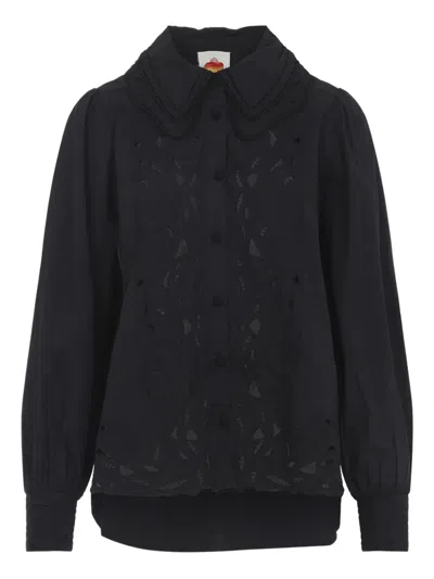 Farm Rio Cut-out Scalloped Blouse In Black