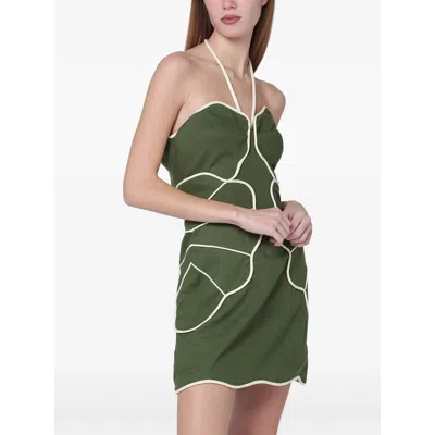 Farm Rio Green Wavy Trim Halter Neck Lenzing Ecovero Euroflax Mini Dress
